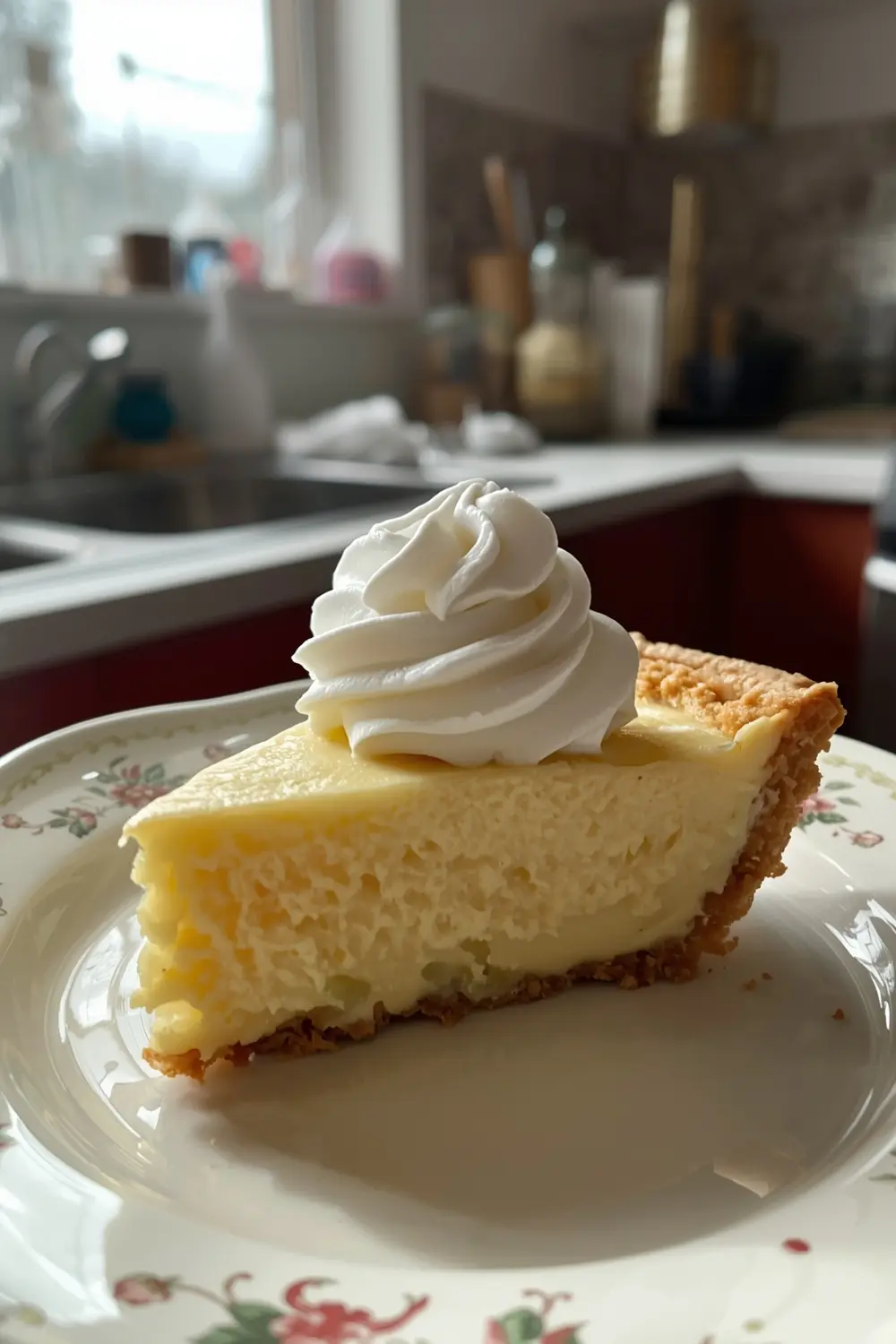 A slice of key lime pie with whipped cream on a vintage plate