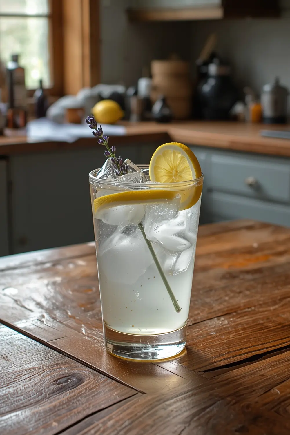 A glass of lavender lemonade with ice cubes, garnished with lavender sprigs and a lemon slice