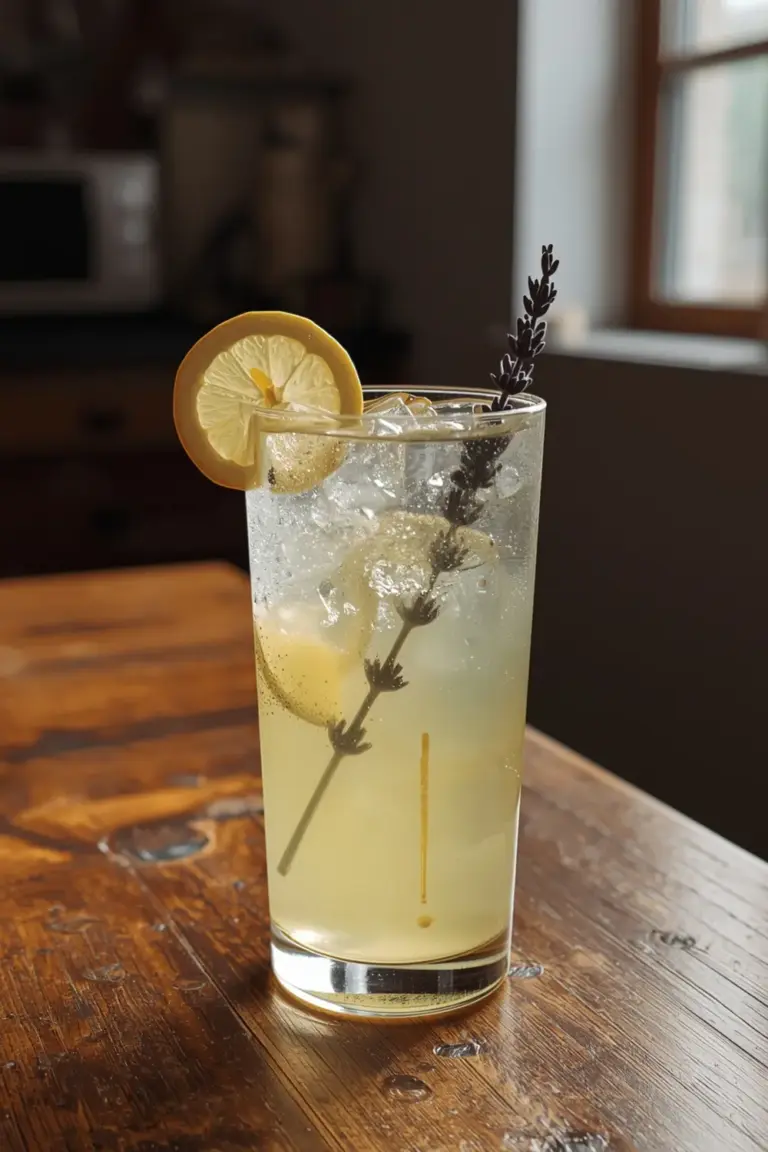 A glass of lavender lemonade with a lemon wheel and dried lavender garnish