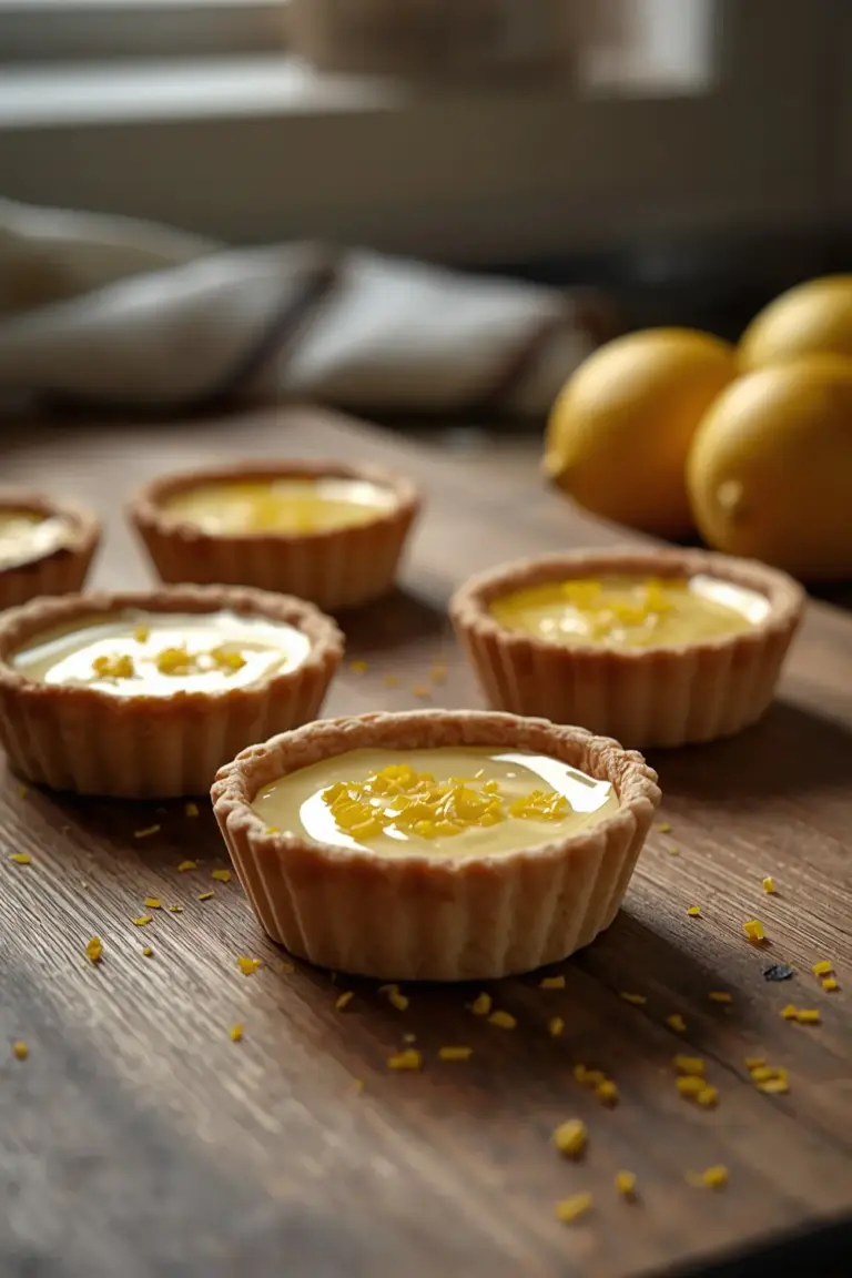 Close-up photo of lemon tartlets with a golden drizzle and lemon zest
