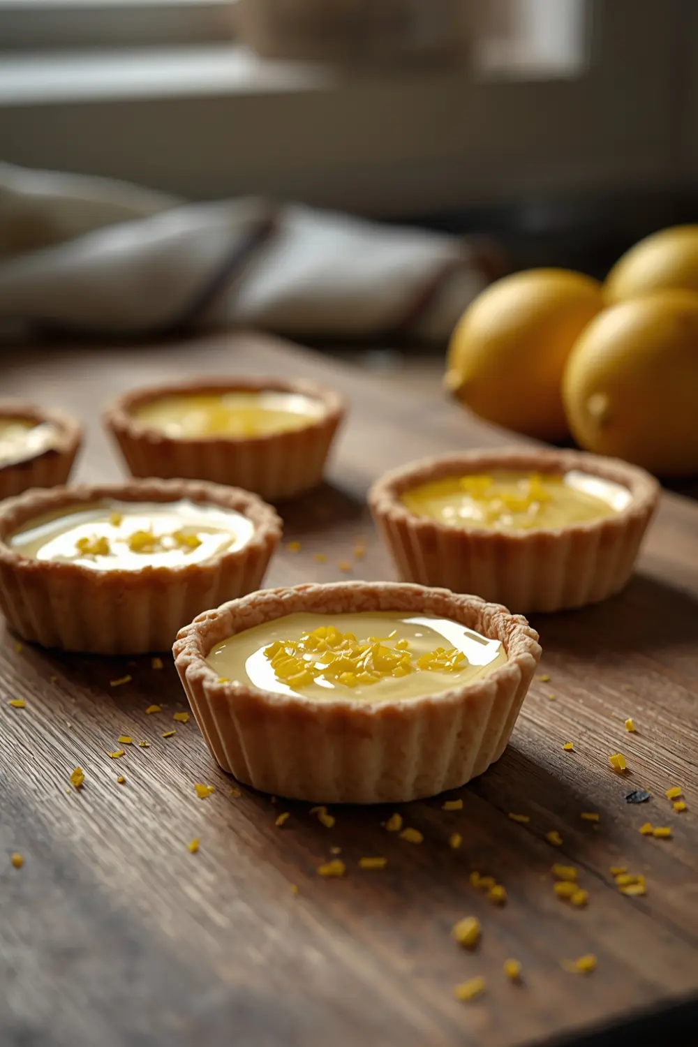 Close-up photo of lemon tartlets with a golden drizzle and lemon zest