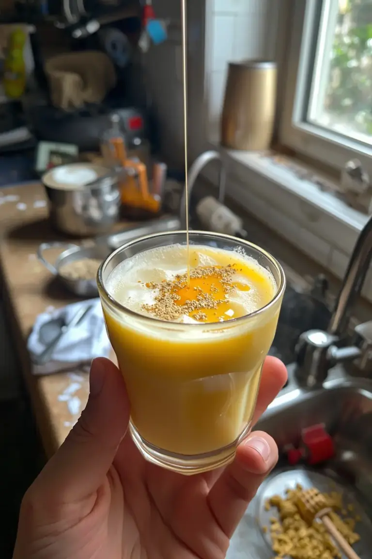 A refreshing glass of Mango Lassi with a sprinkle of cardamom and honey drizzle
