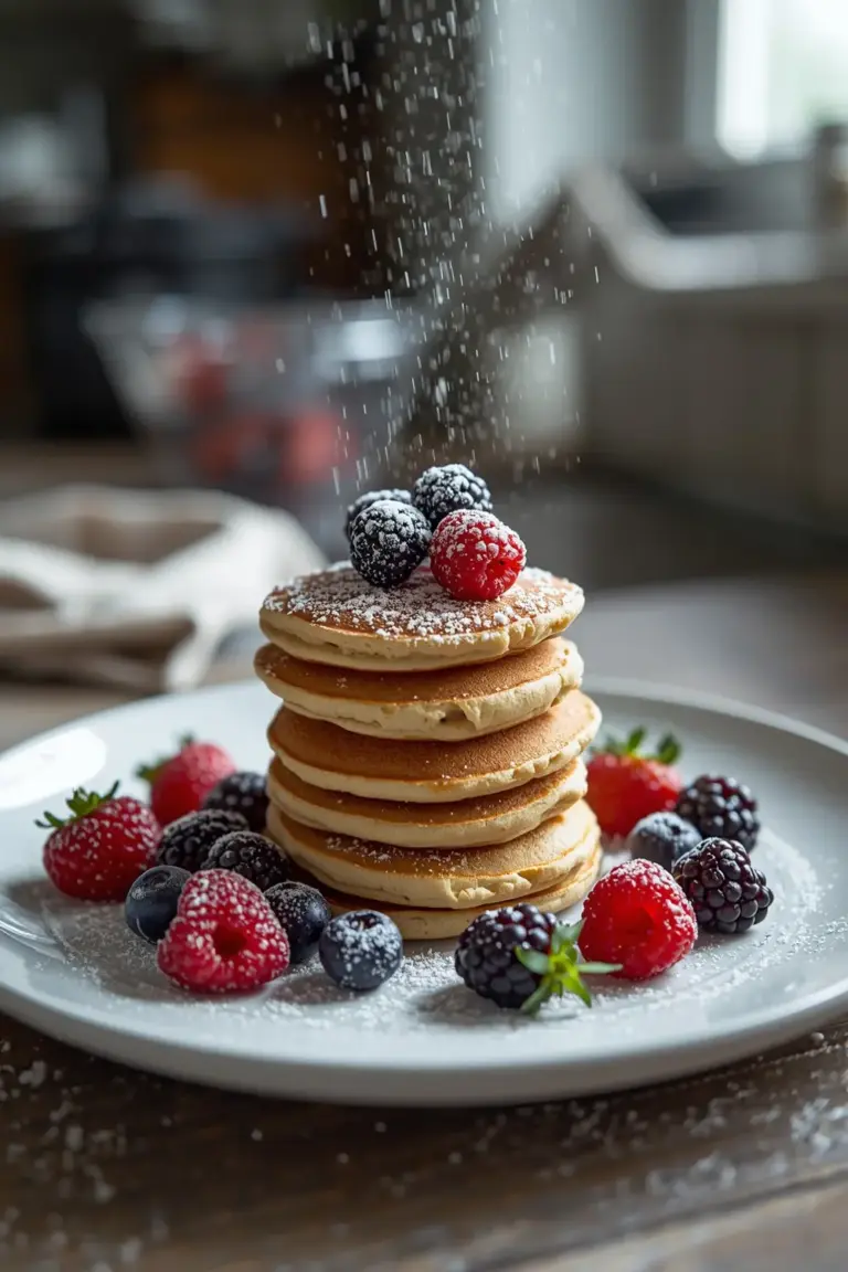 A plate of mini pancake skewers with mixed berries and confectioners' sugar