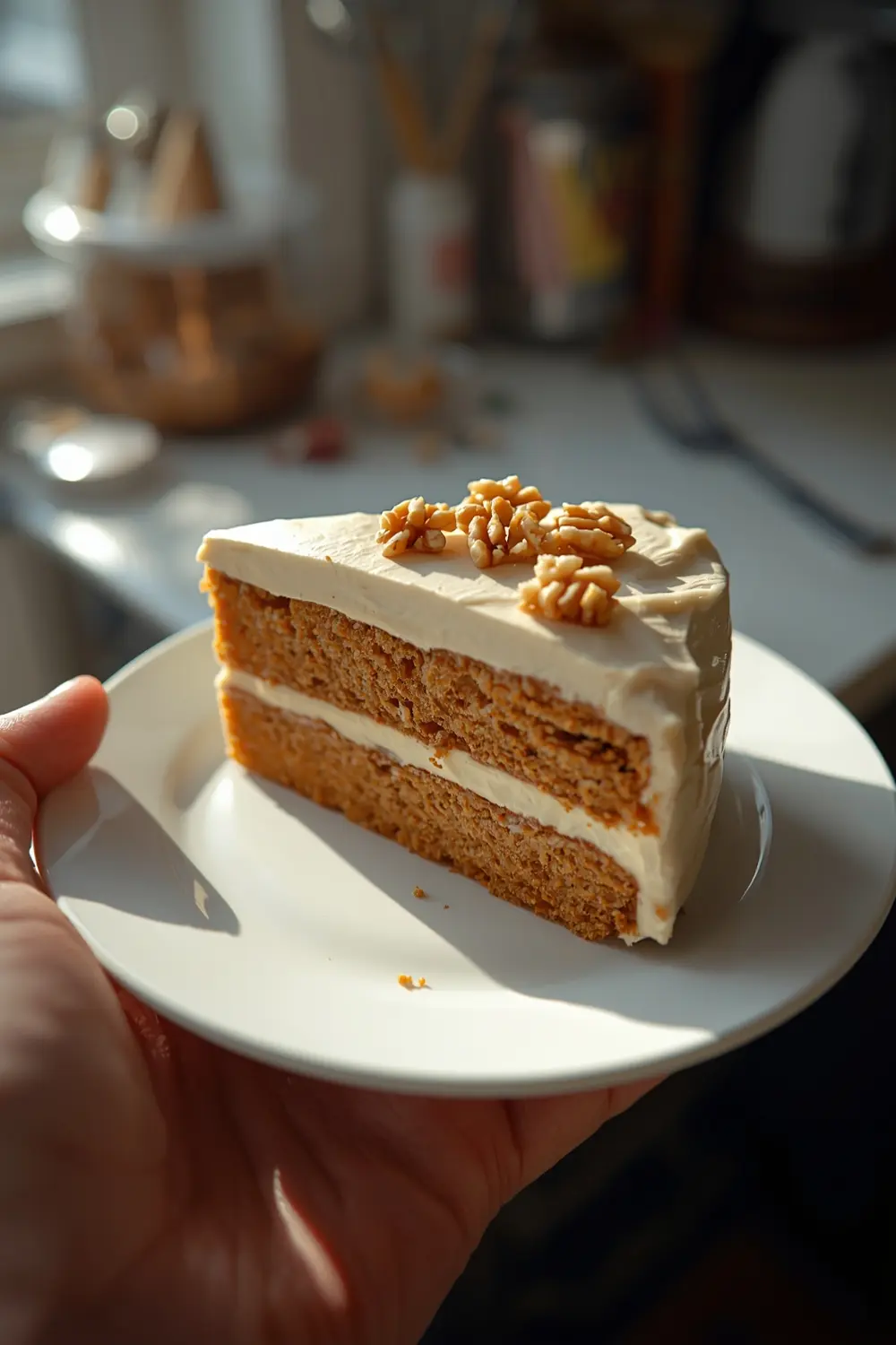 A slice of carrot cake with cream cheese frosting and chopped walnuts on a white plate