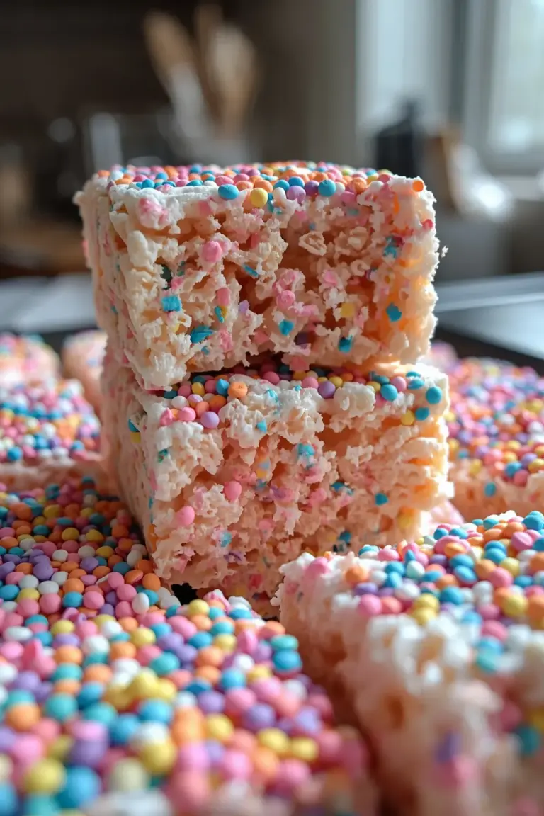 A stack of colorful Rice Krispie treats with marshmallow texture and sprinkles