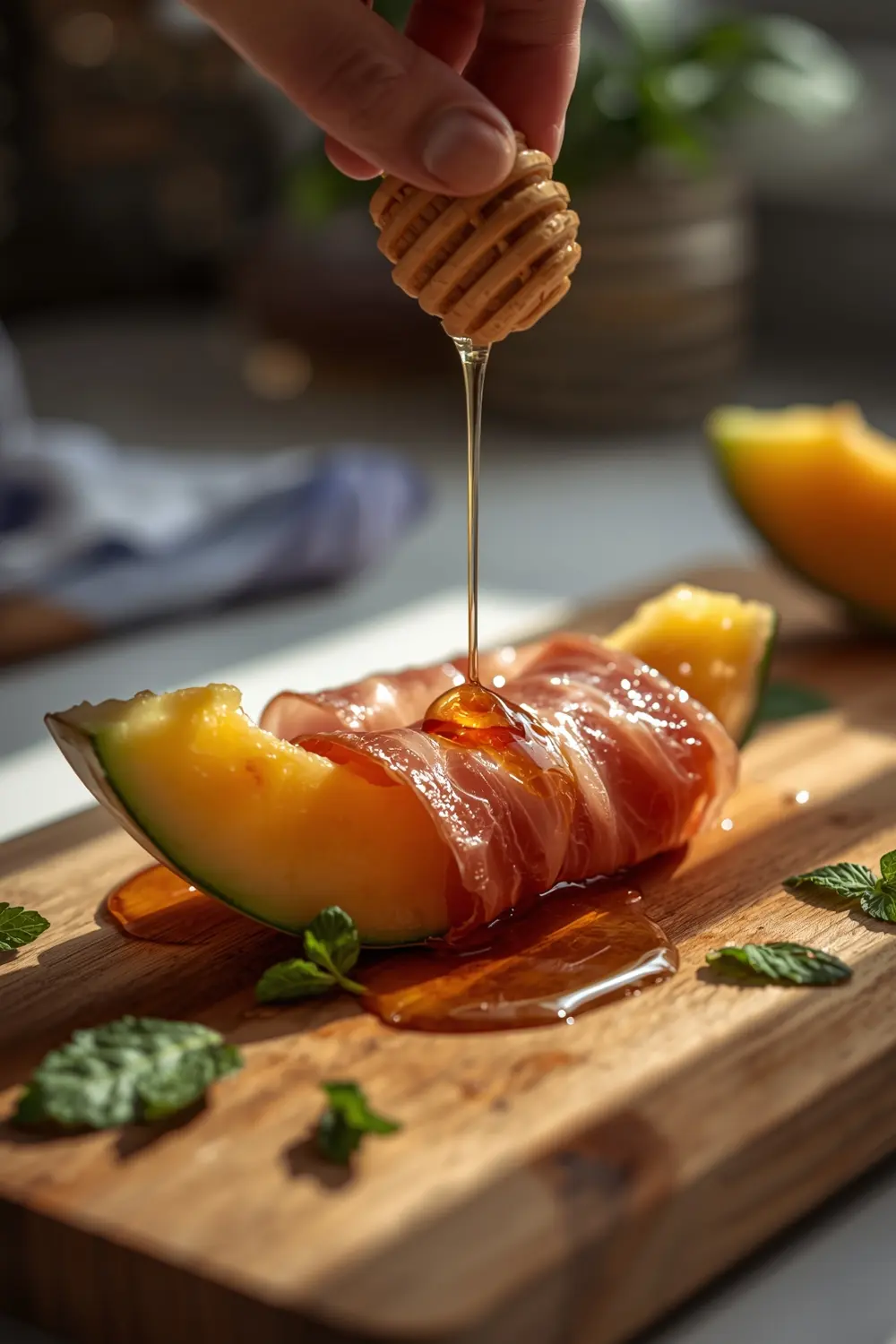 A slice of melon wrapped in prosciutto, topped with fresh mint leaves and a drizzle of honey