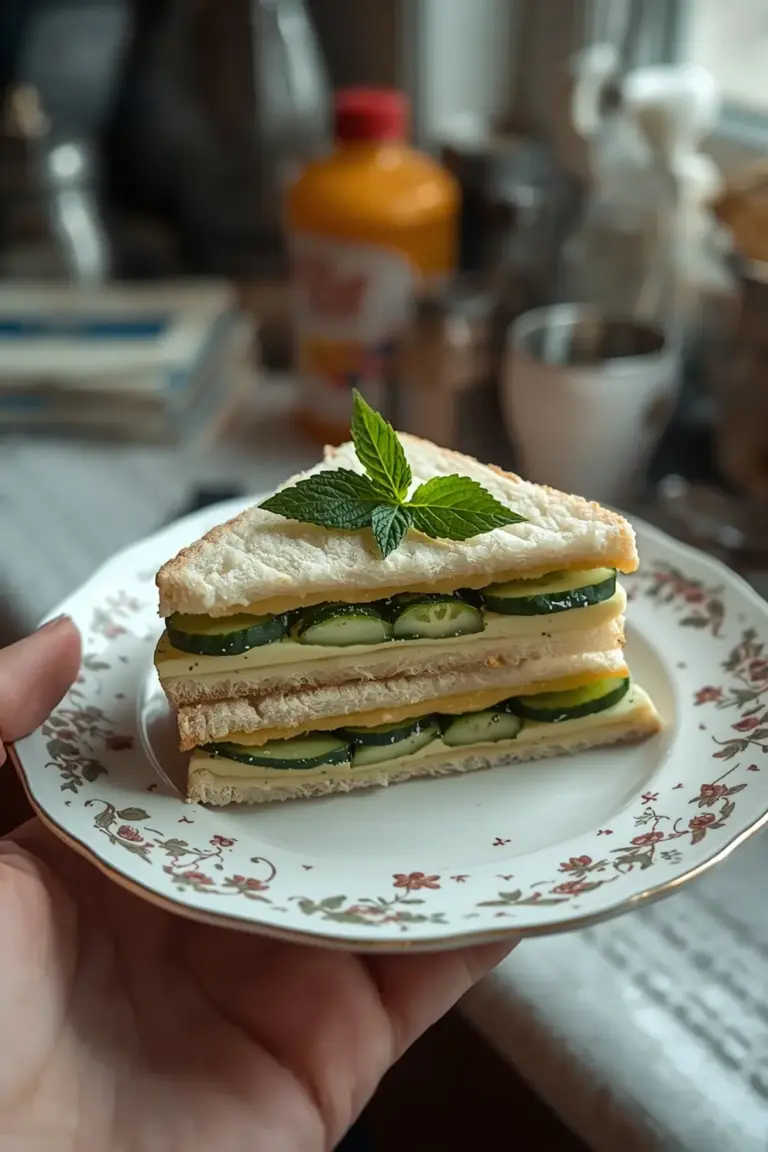 A photo of a tea sandwich with cucumber, mint, and cream cheese on white bread