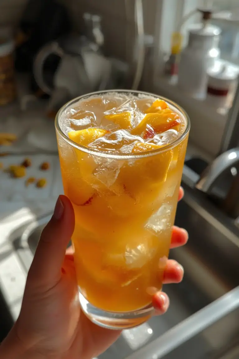 A glass of iced peach green tea with peaches and sugar