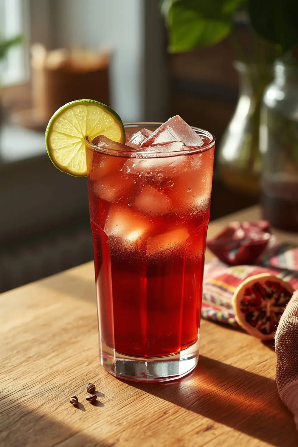 A photo of a glass of hibiscus iced tea with a lime wedge, on a wooden table