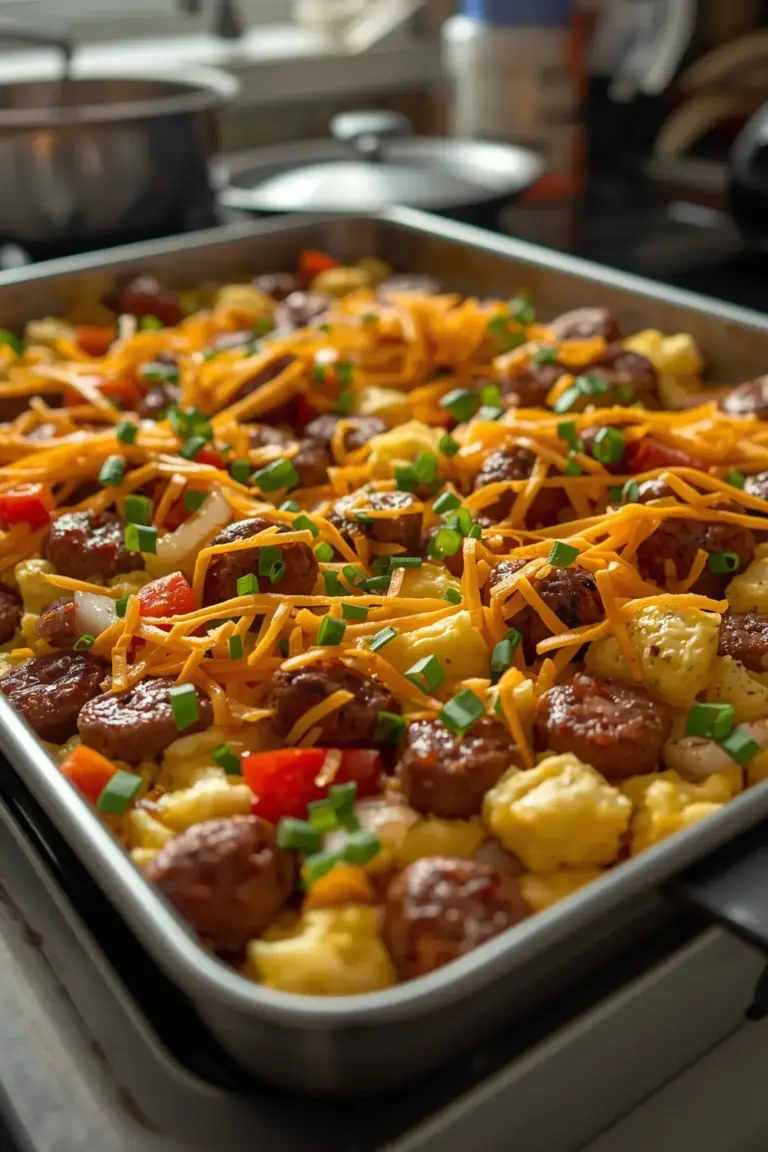 A sheet pan filled with scrambled eggs, bell peppers, onions, sausage, and cheddar cheese