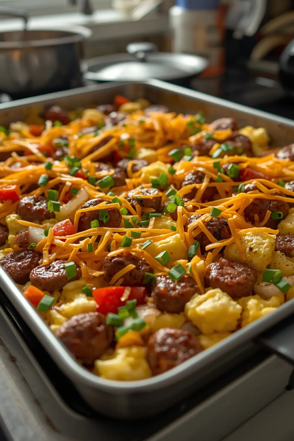 A sheet pan filled with scrambled eggs, bell peppers, onions, sausage, and cheddar cheese