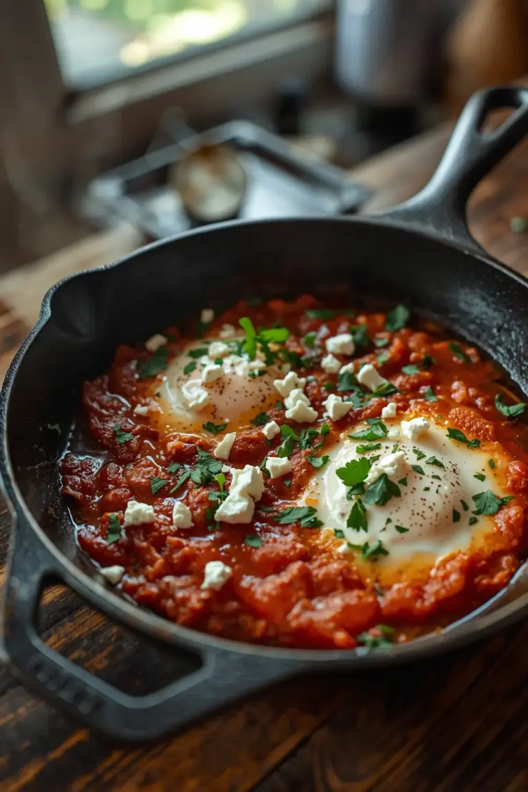 Shakshuka with feta cheese, parsley, and cilantro in a cast iron skillet