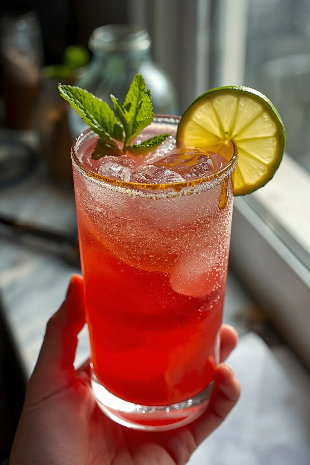 A glass of sparkling watermelon mocktail with mint leaves and a slice of watermelon
