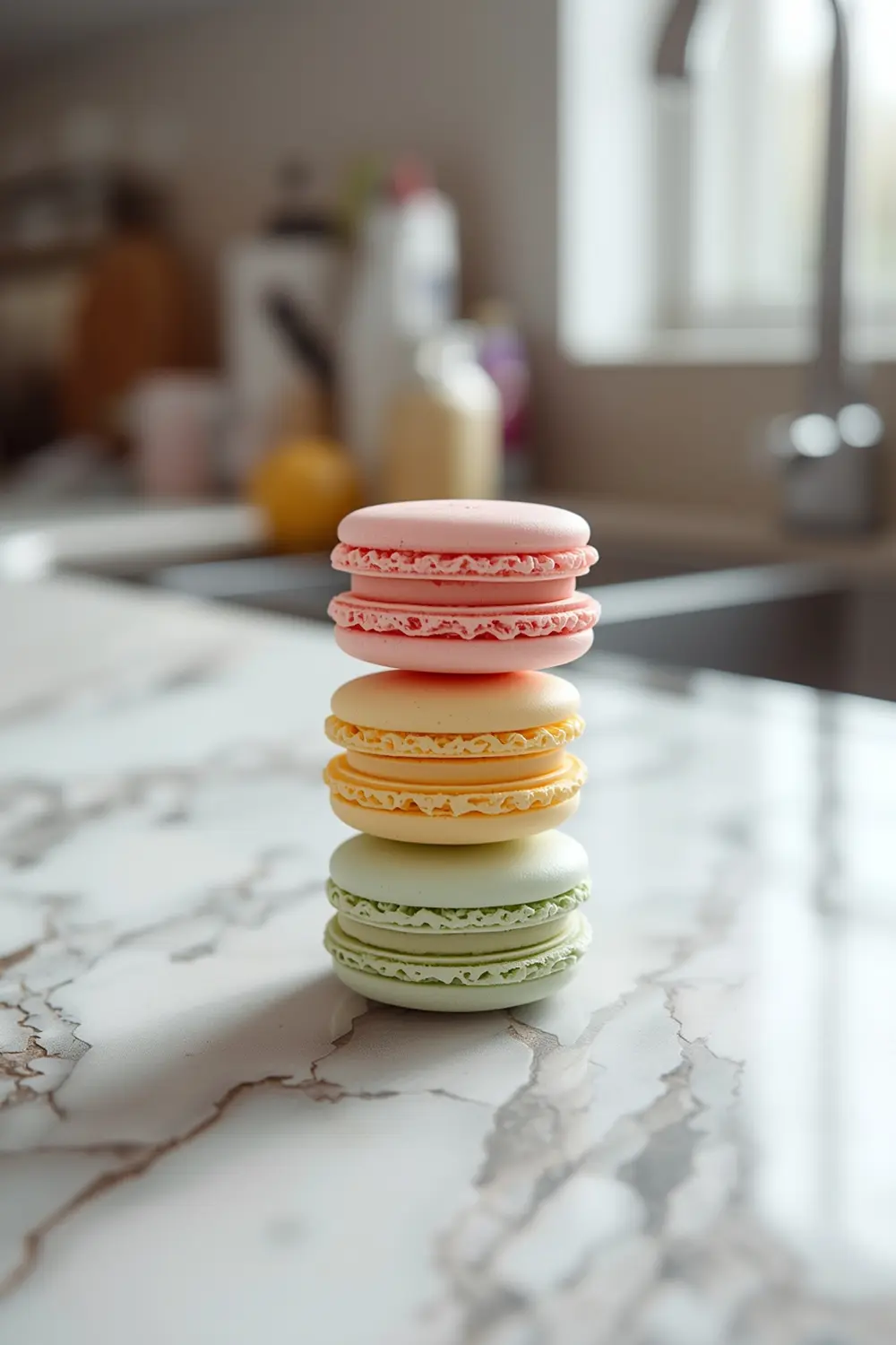 A close-up of colorful spring macarons stacked in a tower