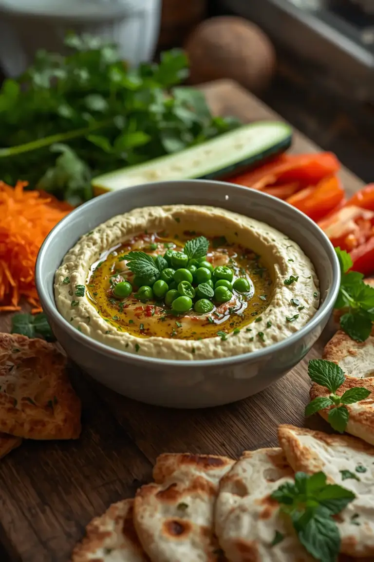 A fresh and vibrant bowl of spring pea hummus topped with marinated vegetables and served with pita bread and mint