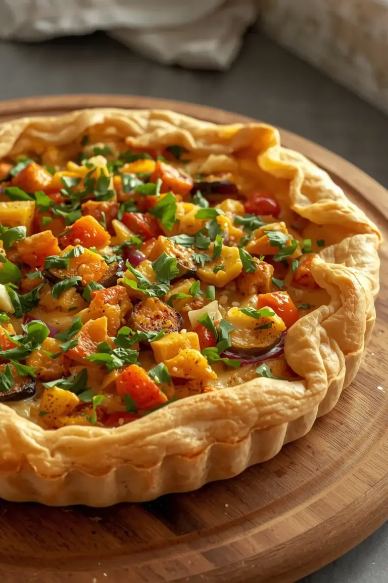 A close-up photo of a Spring Vegetable Phyllo Tart, with a mix of colorful vegetables and melted cheese, on a wooden cutting board