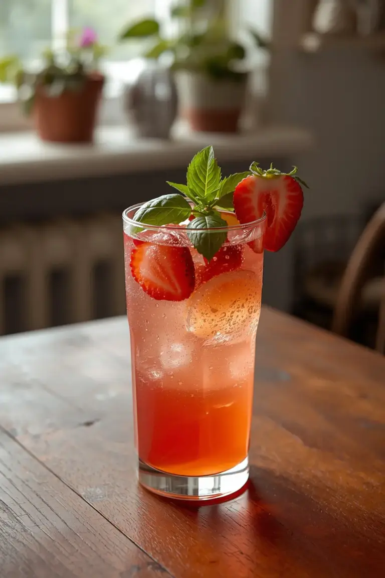 A glass of strawberry basil lemonade with a basil sprig and strawberry slice garnish