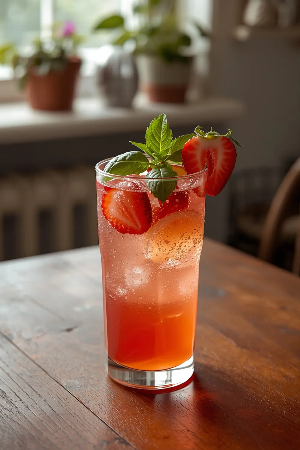A glass of strawberry basil lemonade with a basil sprig and strawberry slice garnish