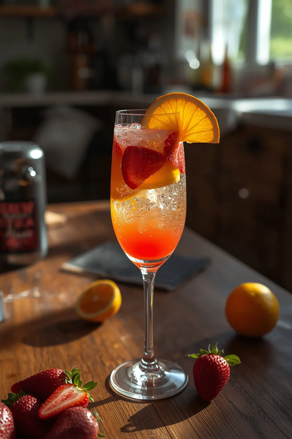 A glass of Strawberry Mimosa with strawberry and orange slices