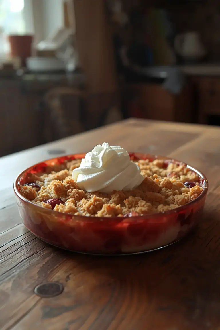 A photo of a strawberry rhubarb crumble with whipped cream on top