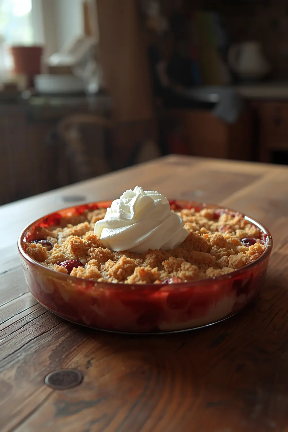A photo of a strawberry rhubarb crumble with whipped cream on top