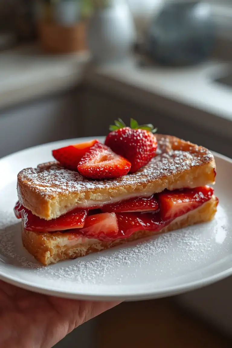 A close-up photo of a slice of French toast stuffed with strawberries and topped with powdered sugar