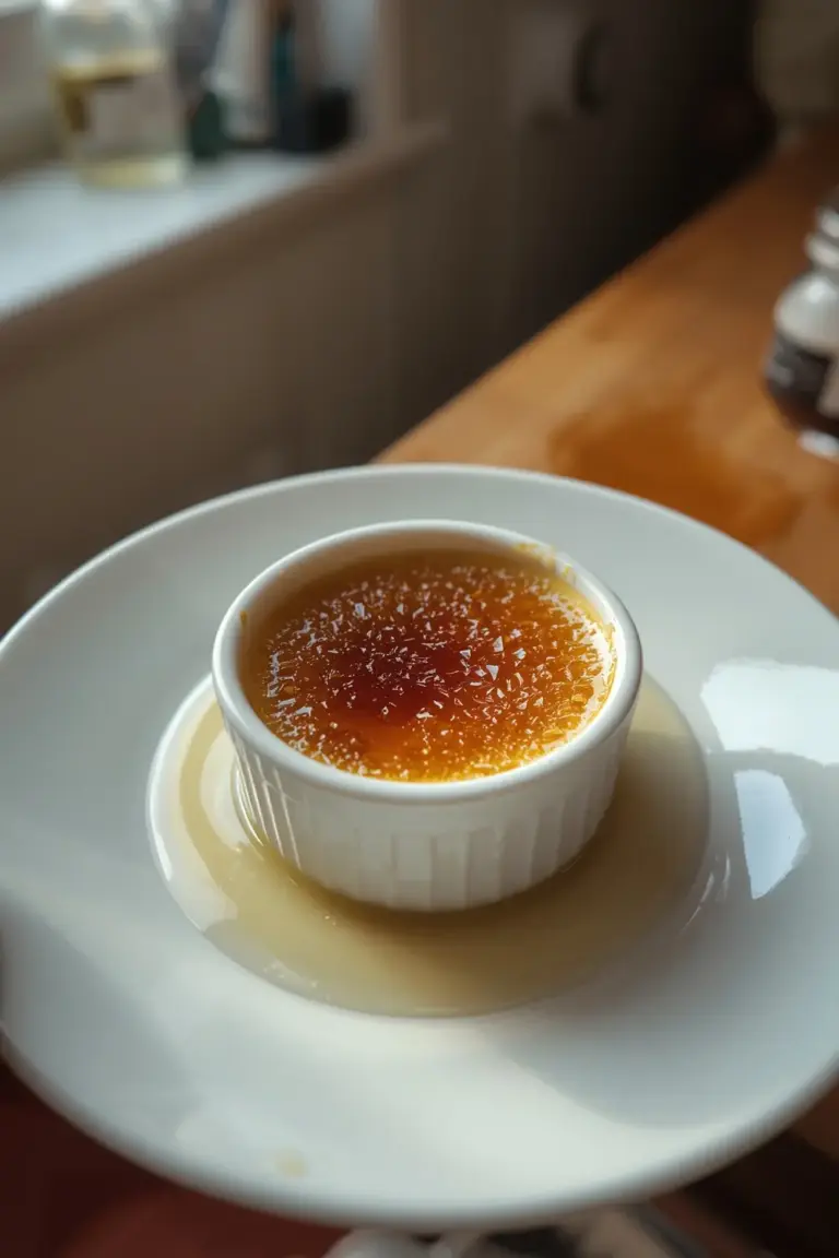 A close-up photo of a single serving of Vanilla Bean Crème Brûlée with caramelized sugar