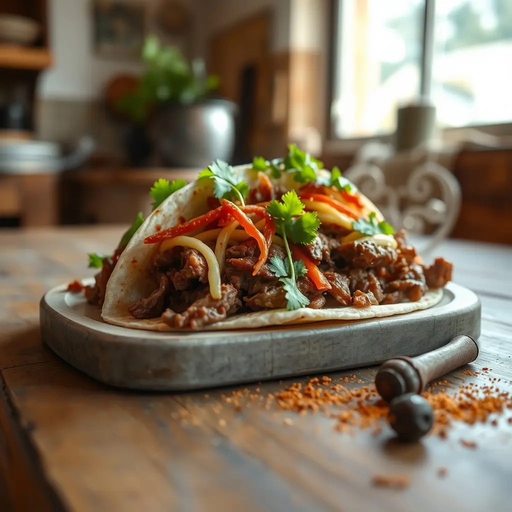 A close-up photo of a Beef Birria Taco with cheese, cilantro, and chili powder