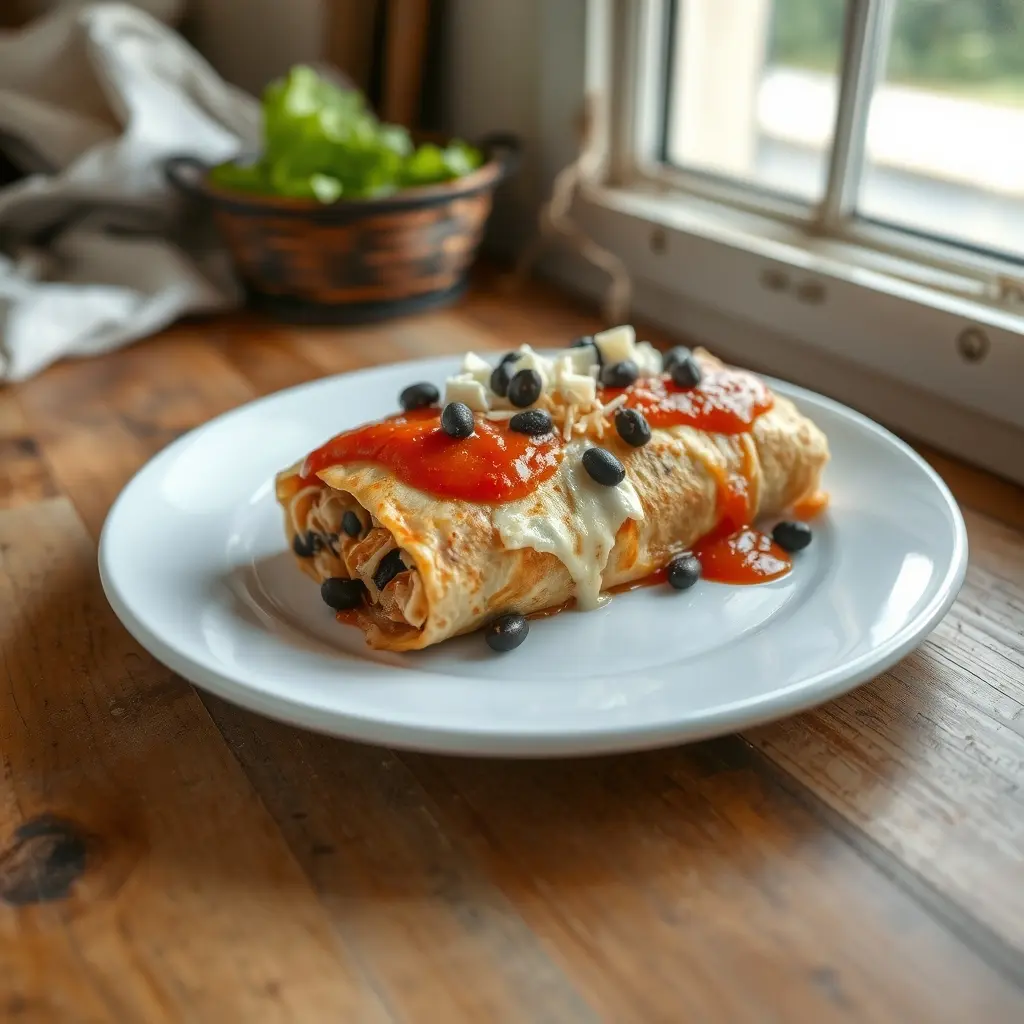 A close-up of a single, steaming chicken enchilada on a simple, white plate