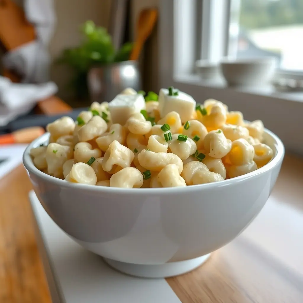A photo of a macaroni salad with mozzarella cheese and chives