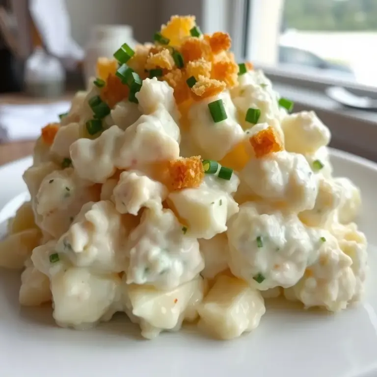 A photo of a creamy potato salad with fresh chives and crispy panko bits
