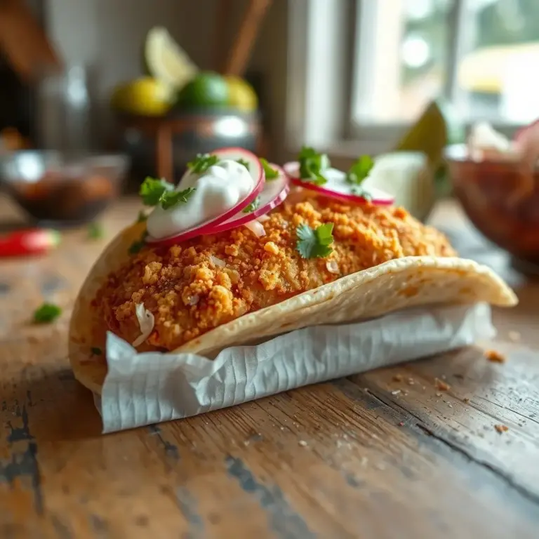 A photo of a crispy Baja fish taco filled with fish, sour cream, cilantro, and cabbage