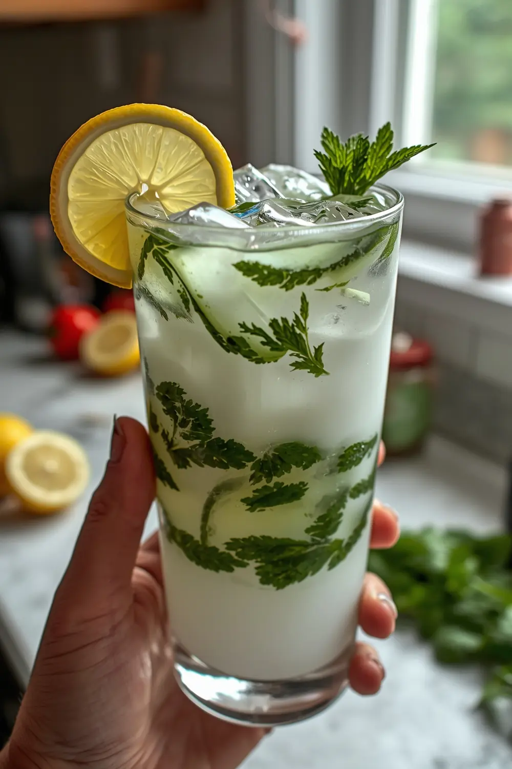 A glass of cucumber cooler with yogurt, dill, mint, and lemon juice, served over ice
