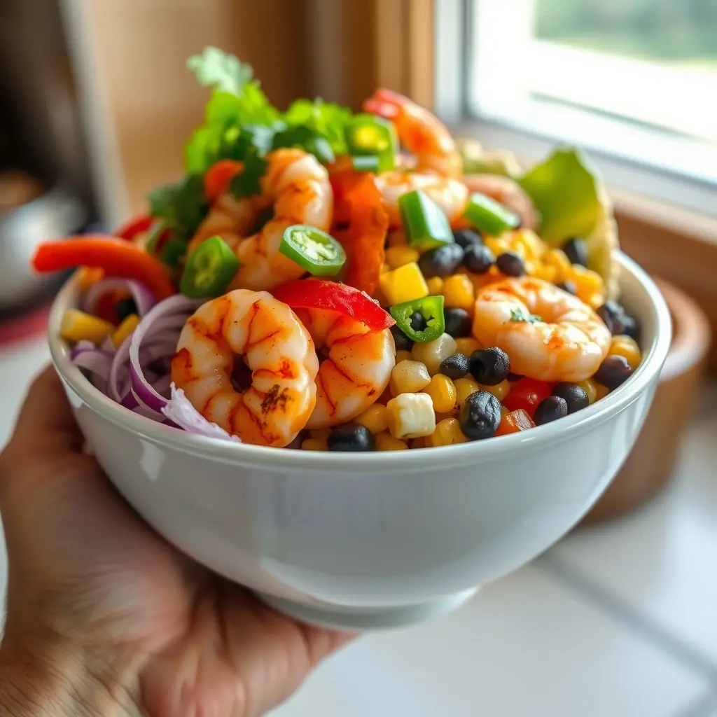 A photo of a shrimp taco bowl with shrimp, vegetables, and cilantro