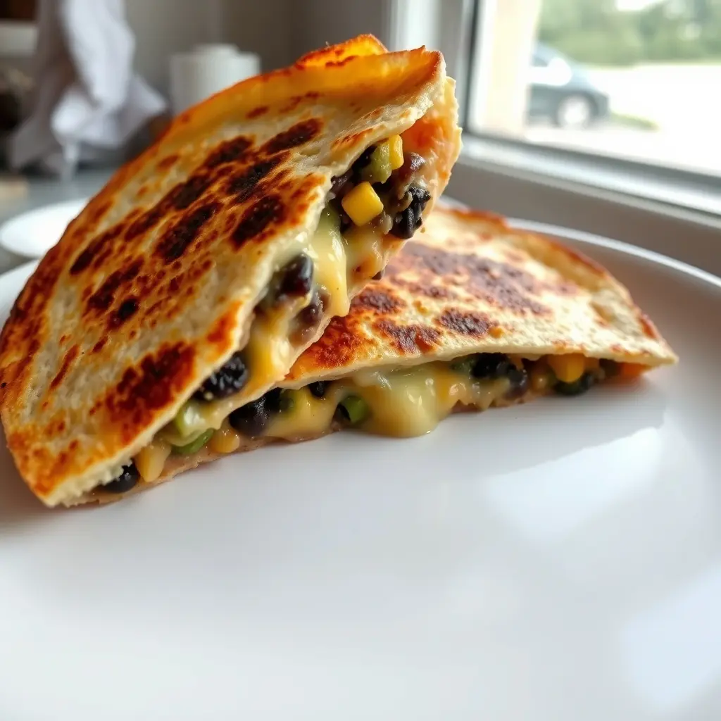A photo of a delicious vegetarian quesadilla with black beans, corn, and edamame