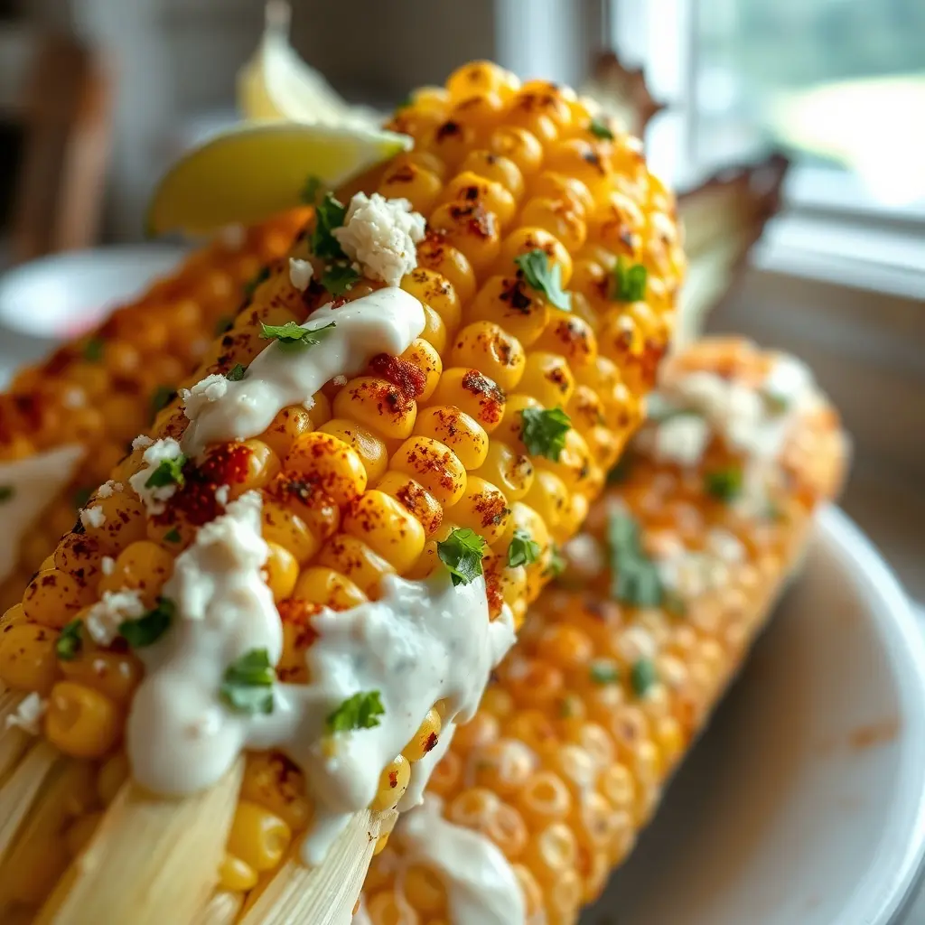 A close-up photo of grilled Mexican street corn with mayonnaise, cheese, chili powder, lime juice, and cilantro