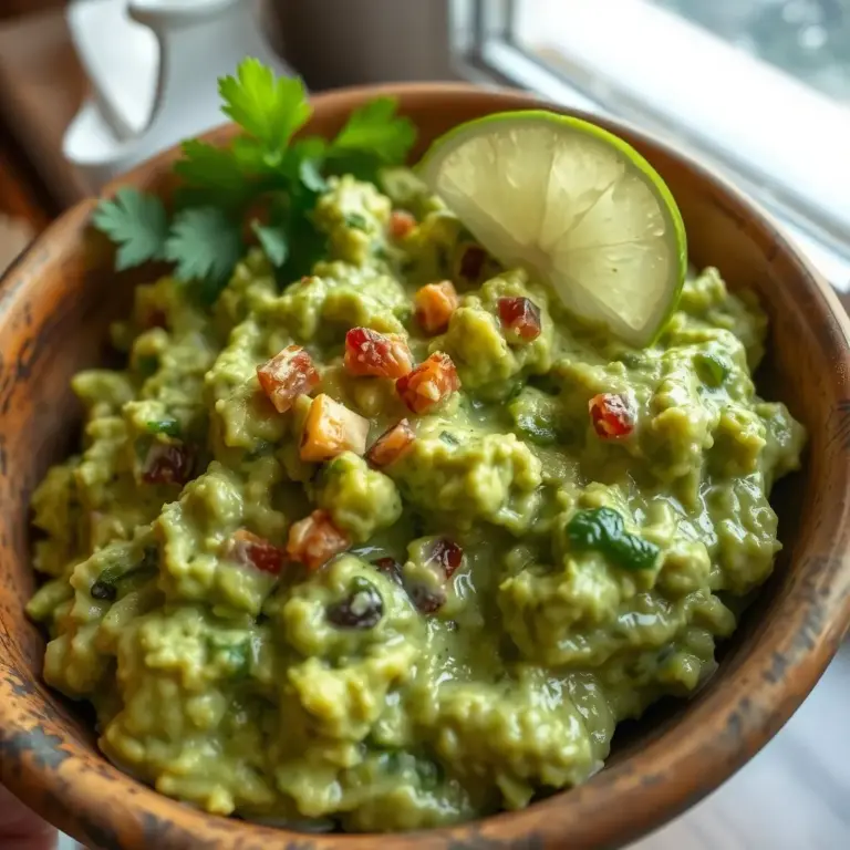 A photo of a delicious and authentic guacamole recipe in a bowl