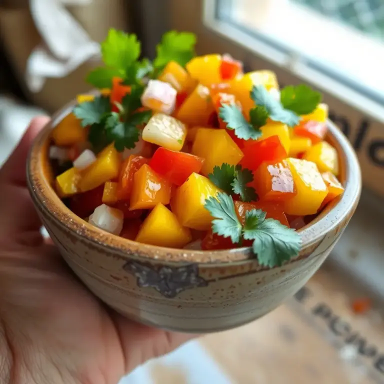 A photo of a homemade mango salsa in a small ceramic bowl
