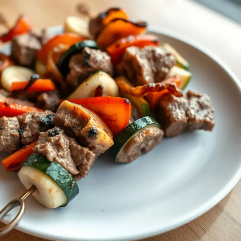 A photo of a grilled beef kabob with various vegetables and bacon