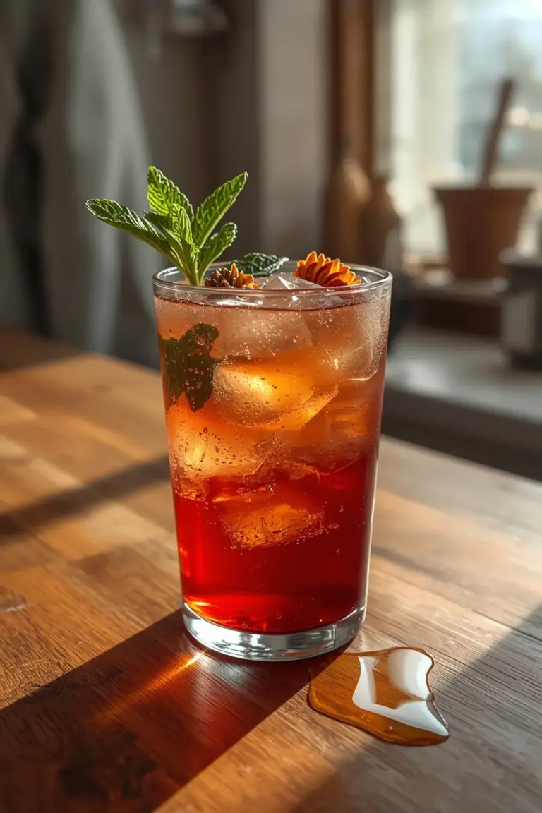 A glass of iced tea with hibiscus flowers and mint leaves