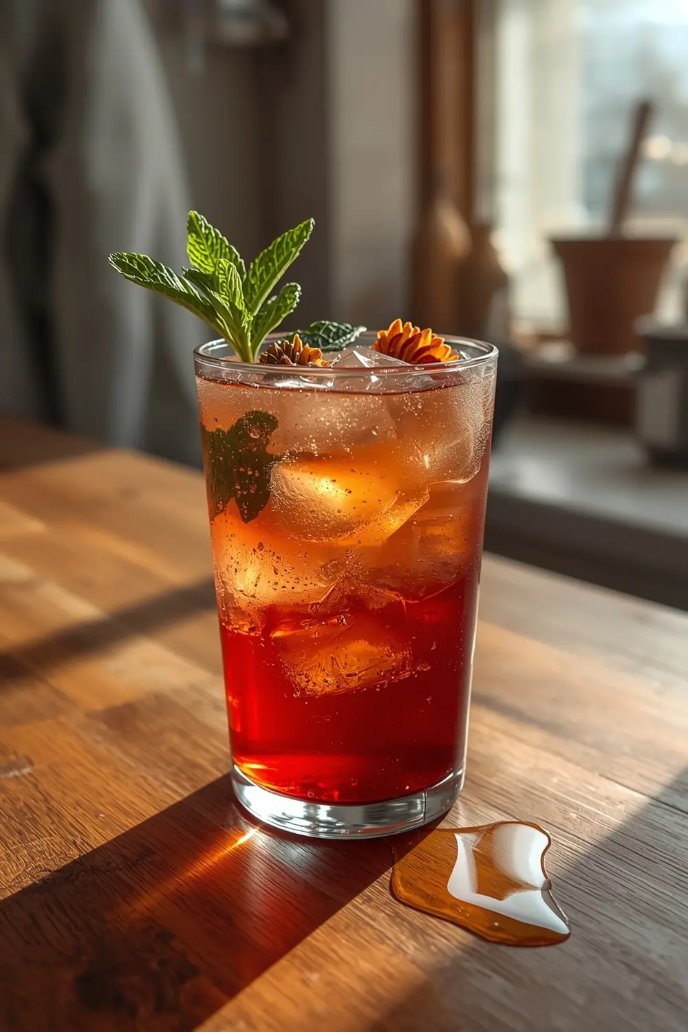 A glass of iced tea with hibiscus flowers and mint leaves