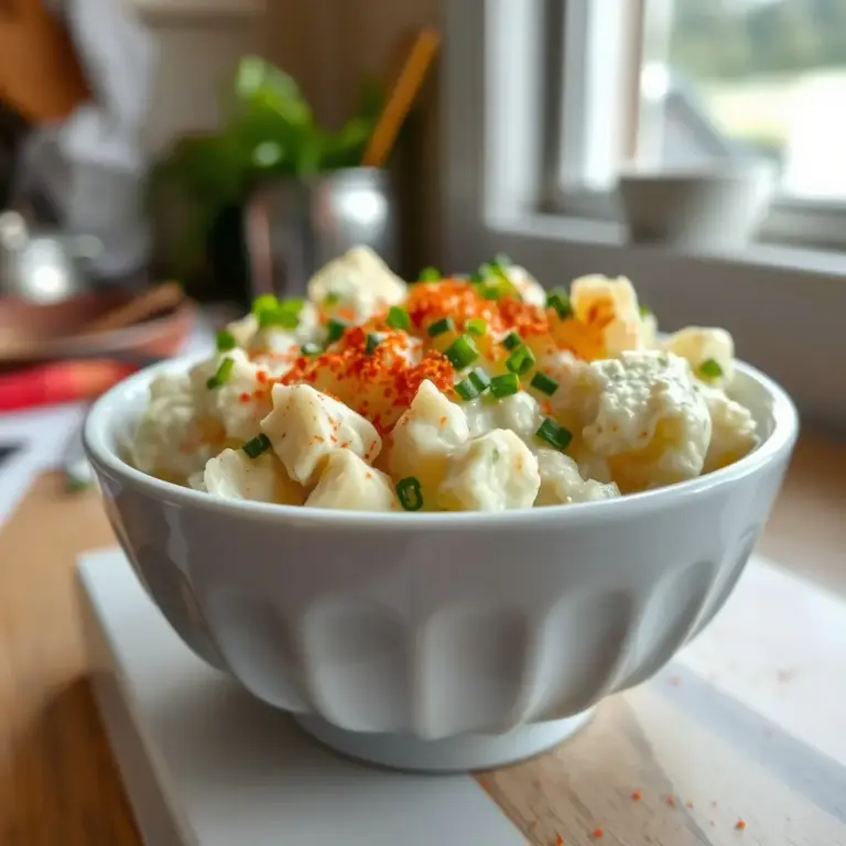 A photo of a creamy potato salad with chives in a bowl