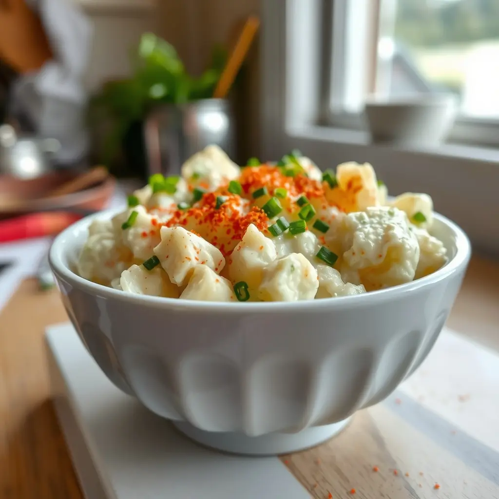 A photo of a creamy potato salad with chives in a bowl