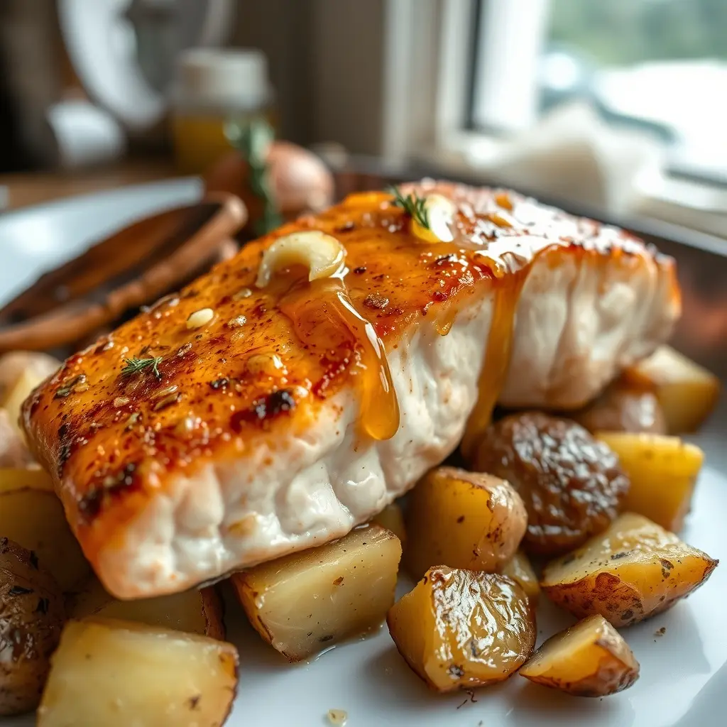 A close-up photo of a cooked salmon fillet on top of roasted potatoes, garnished with a golden drizzle