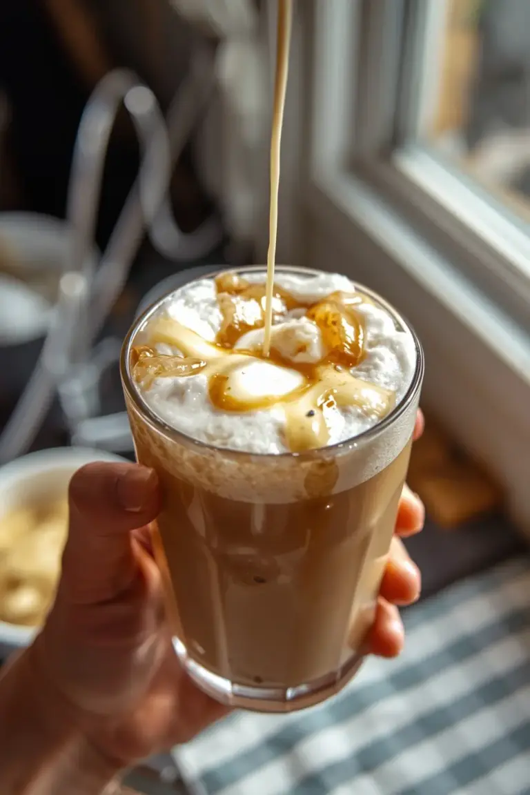 A glass of iced vanilla latte with milk foam on top