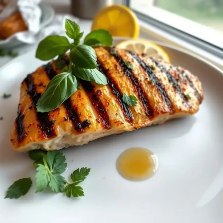 A photo of a grilled chicken breast with lemon, herbs, and honey