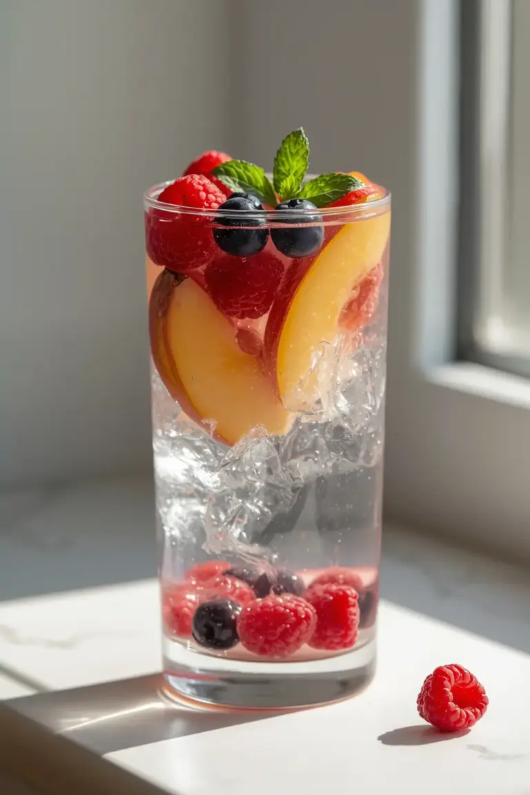 A glass of infused water with nectarines, raspberries, and blueberries