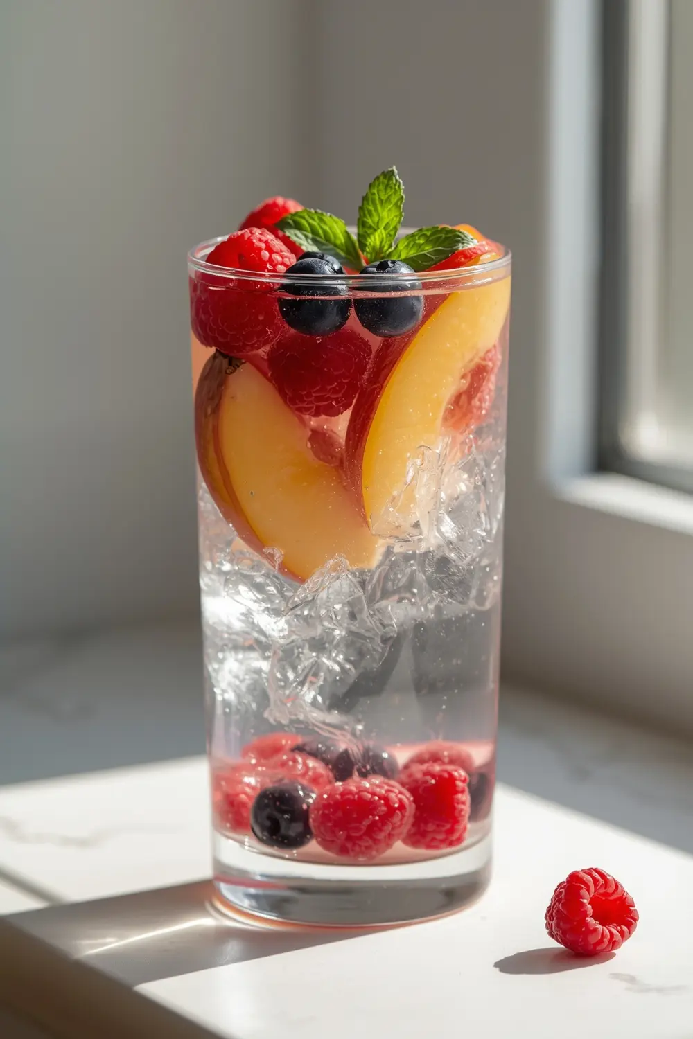 A glass of infused water with nectarines, raspberries, and blueberries