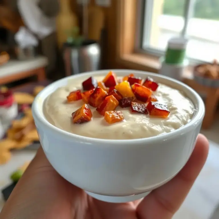 A photo of a delicious and creamy Queso Blanco Dip in a bowl, topped with fire-roasted chiles.