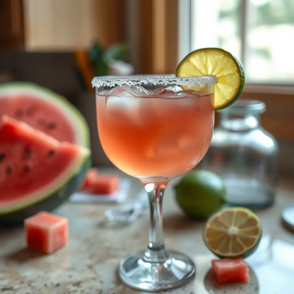 A watermelon margarita in a salt-rimmed glass with a watermelon cube and lime wedge garnish